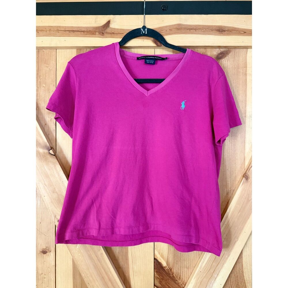 Ralph Lauren Sport T-Shirt Women Large Magenta Pink V-Neck Cotton Pony Preppy